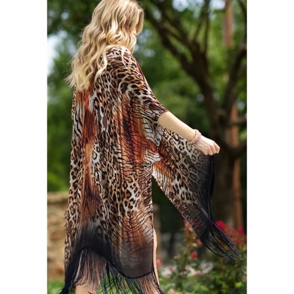 🌺LAST1️⃣🌺New Beautiful Flowy Leopard Print Fringe Open Style Kimono - Picture 6 of 9